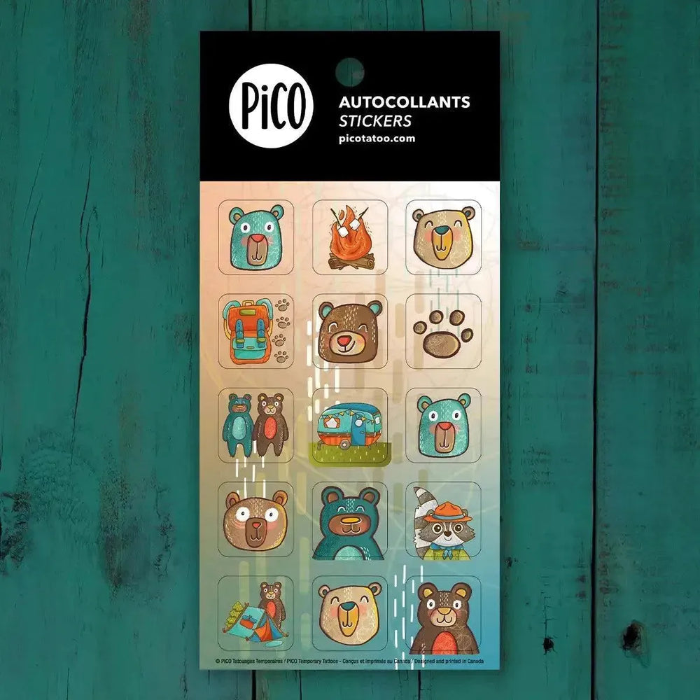Autocollants Camping sauvage. Dessins par PiCO Tatouages temporaires créés et imprimés au Québec. / Wilderness camping stickers. Designs by PiCO Tatoo. Created and printed in Quebec.