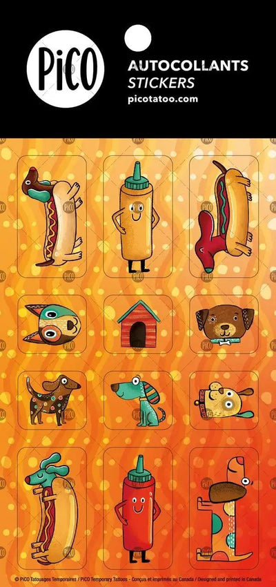 Autocollants du chien saucisse et ses amis. Dessins par PiCO Tatouages temporaires créés et imprimés au Québec. / Wiener Dog and his Doggy Friends stickers. Designs by PiCO Tatoo. Created and printed in Quebec.