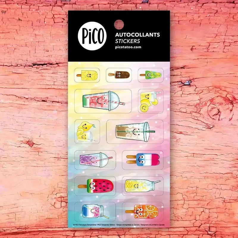 Autocollant des breuvages rafraîchissants par PiCO Tatouages temporaires imprimés au Québec. / Refreshing Drinks stickers by PiCO Tatoo. Printed in Quebec.