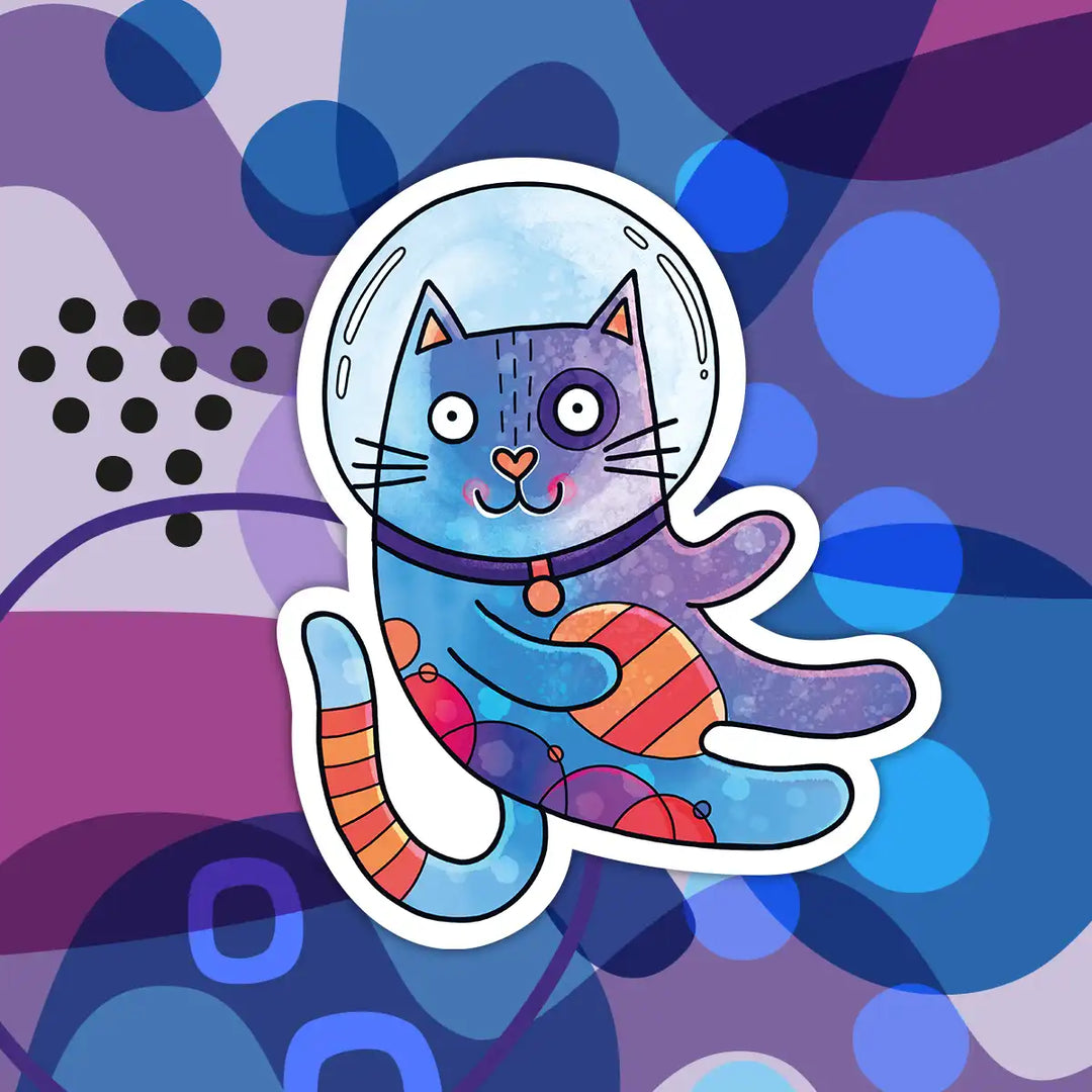 Autocollant vinyle chat astronaute dans l'espace, étoiles et planètes, pour enfants 
Space astronaut cat vinyl sticker with stars and planets, for kids