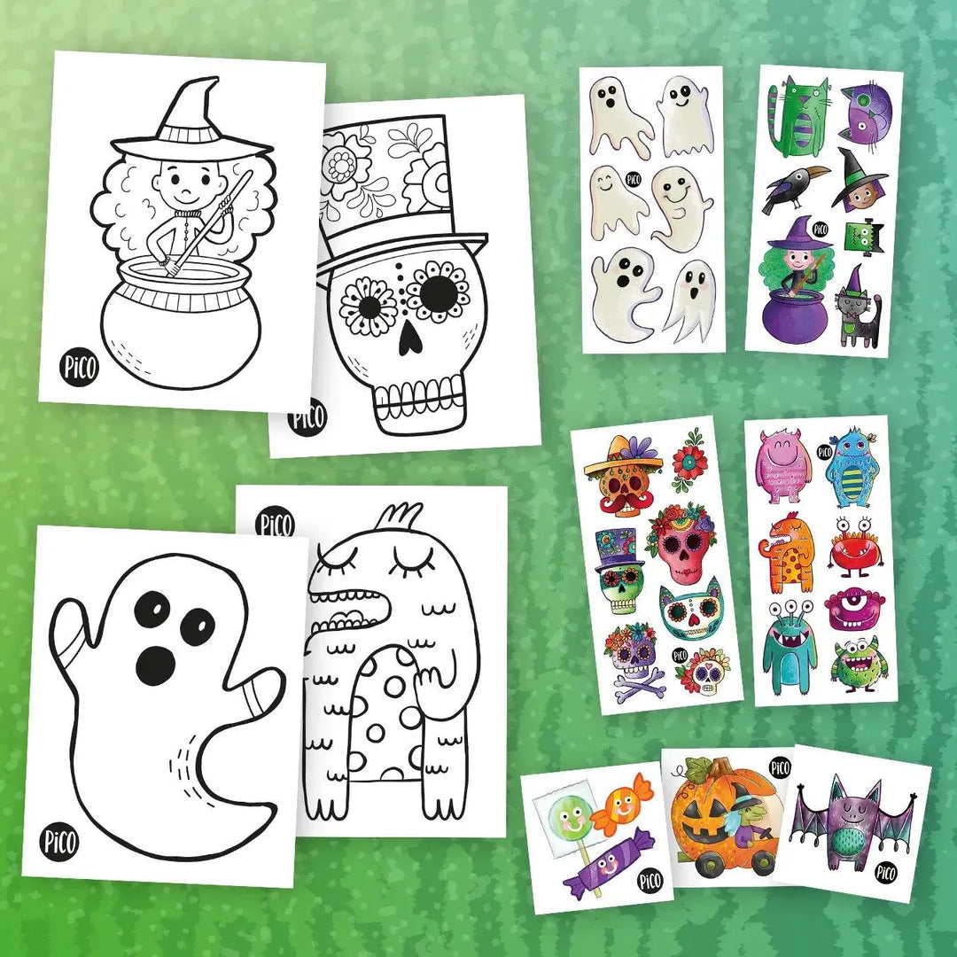 Ensemble surprise Monstrueux, créé par PiCO Tatouages temporaires. Coloriages et tatouages temporaires. Dessins créés au Québec. / Monstrous surprise set, created by PiCO Temporary Tattoos. Temporary tattoos and coloring pages. Designs created in Canada.