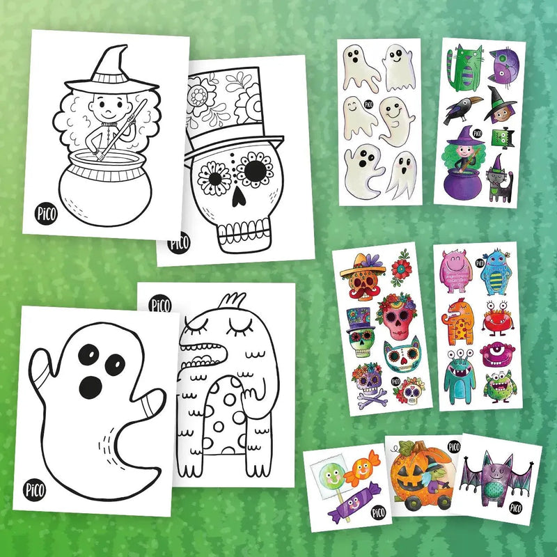 Ensemble surprise Monstrueux, créé par PiCO Tatouages temporaires. Coloriages et tatouages temporaires. Dessins créés au Québec. / Monstrous surprise set, created by PiCO Temporary Tattoos. Temporary tattoos and coloring pages. Designs created in Canada.