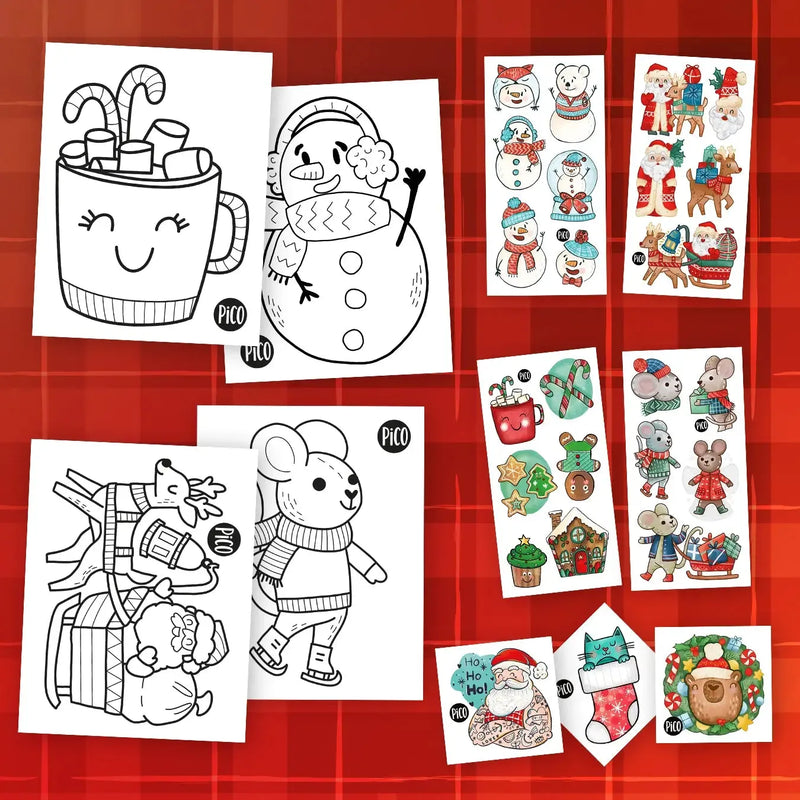 Ensemble surprise de Noël, créé par PiCO Tatouages temporaires. Coloriages et tatouages temporaires. Dessins créés au Québec. / Christmas surprise set, created by PiCO Temporary Tattoos. Temporary tattoos and coloring pages. Designs created in Canada.