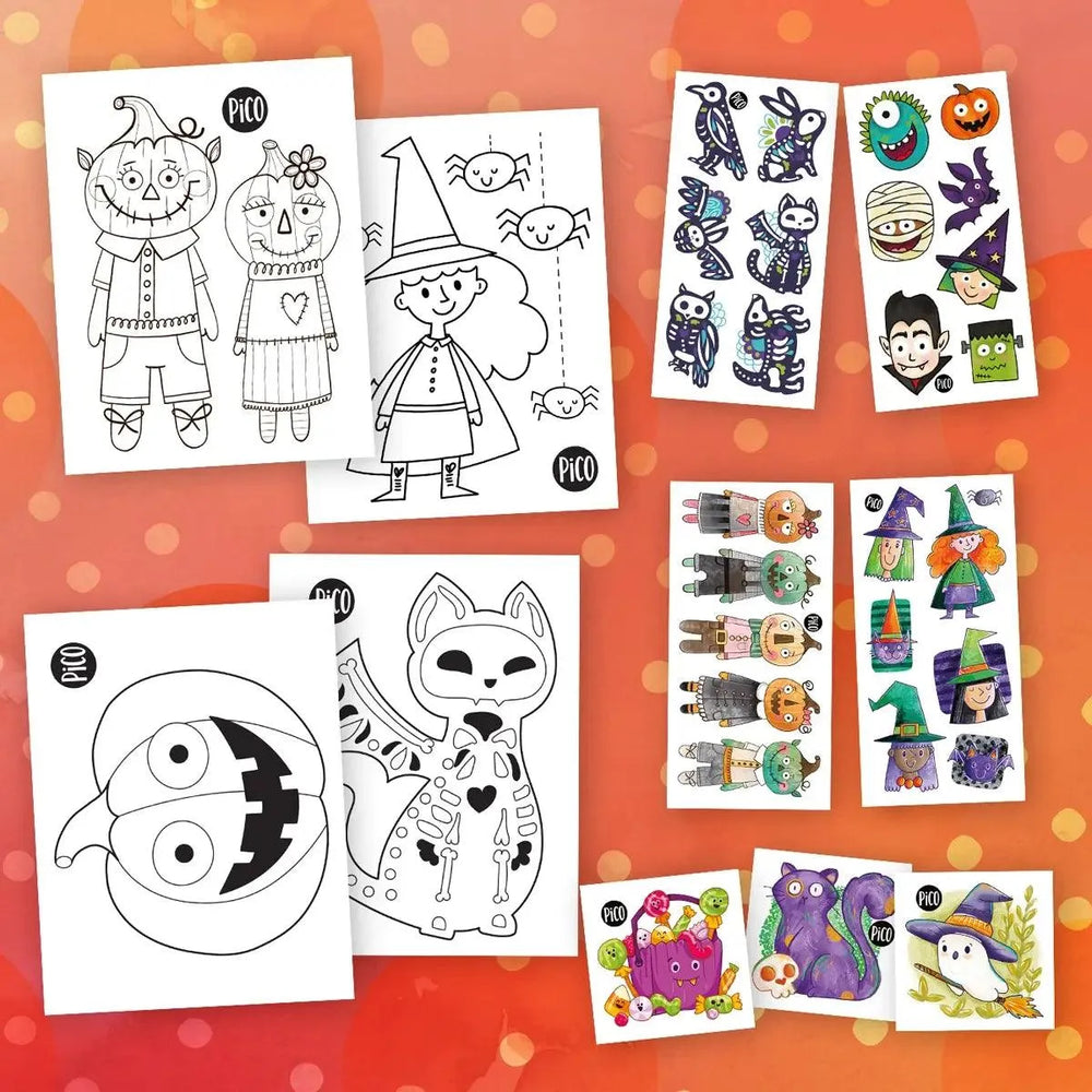Ensemble surprise d'Halloween avec tatouages temporaires et coloriages pour enfants par PiCO Tatoo.