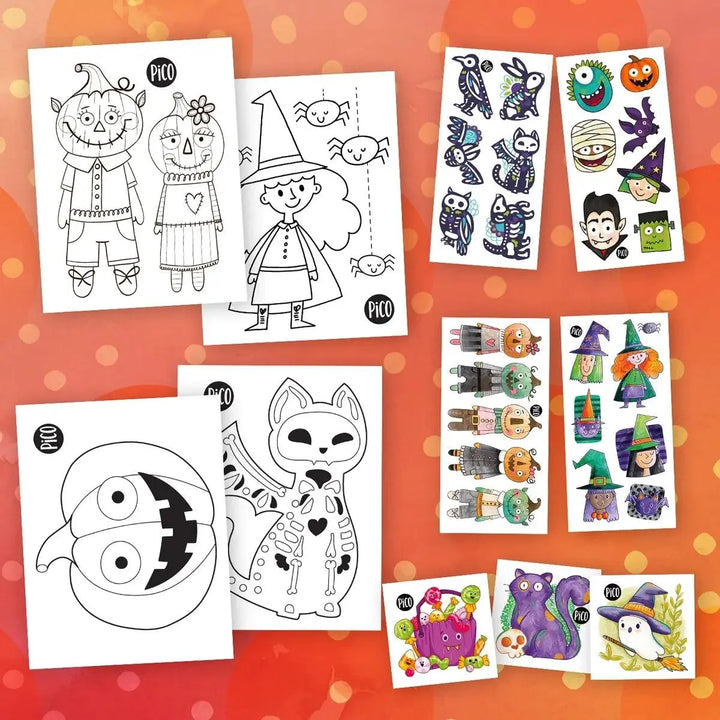 Ensemble surprise d'Halloween avec tatouages temporaires et coloriages pour enfants par PiCO Tatoo.