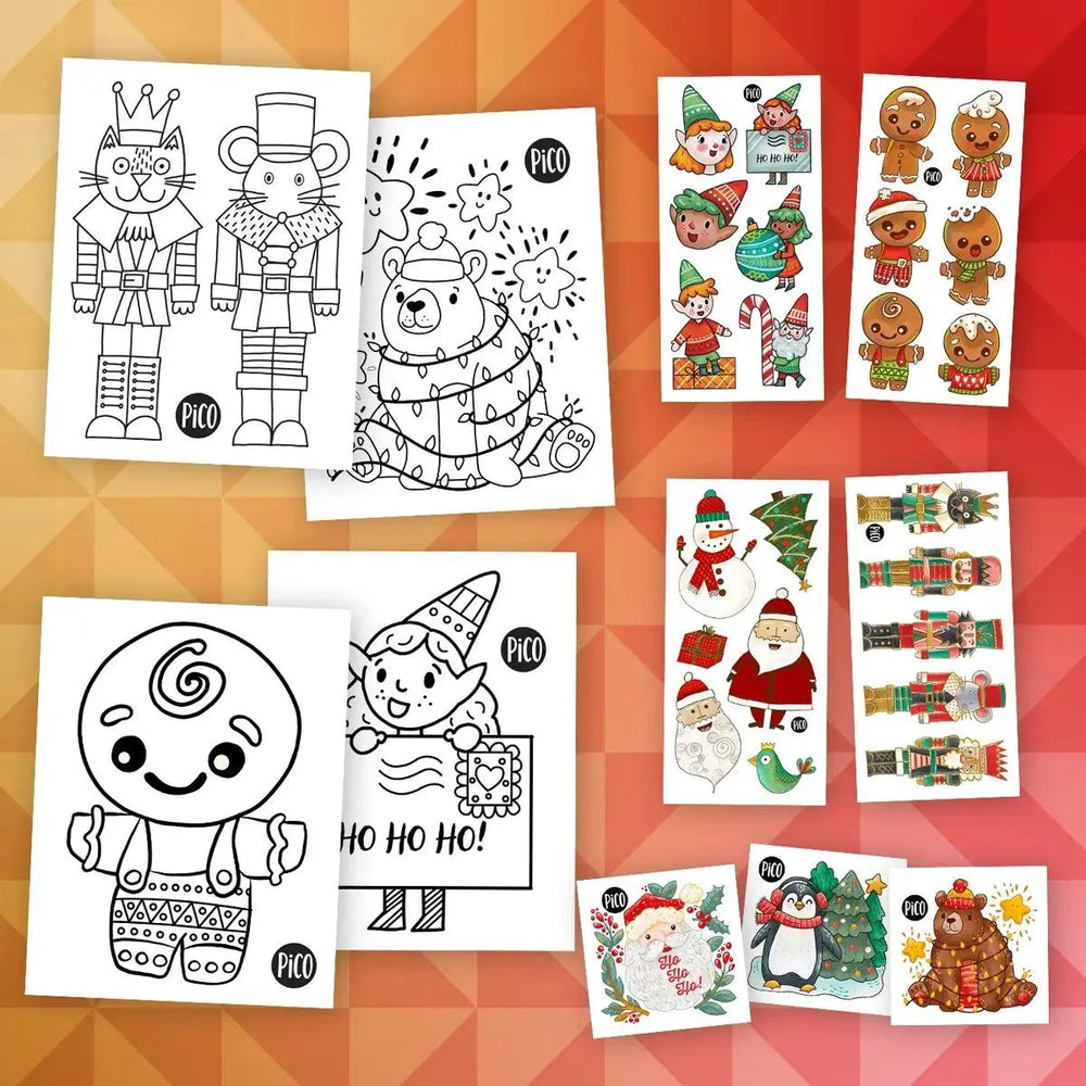 Ensemble surprise des fêtes avec tatouages temporaires et activités de coloriage par PiCO Tatoo.