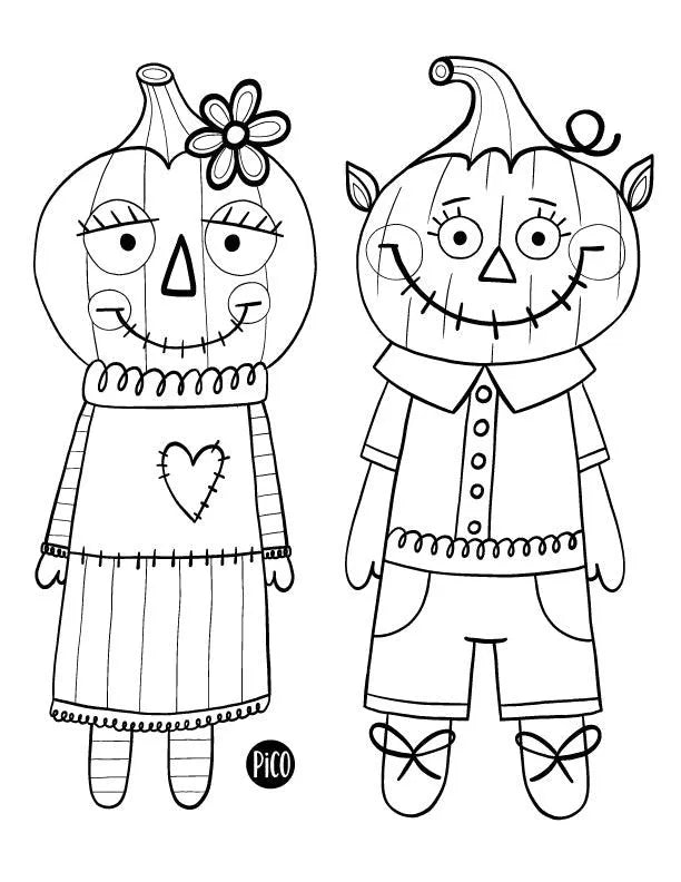 Coloriage gratuit - Les épouvantails en citrouilles