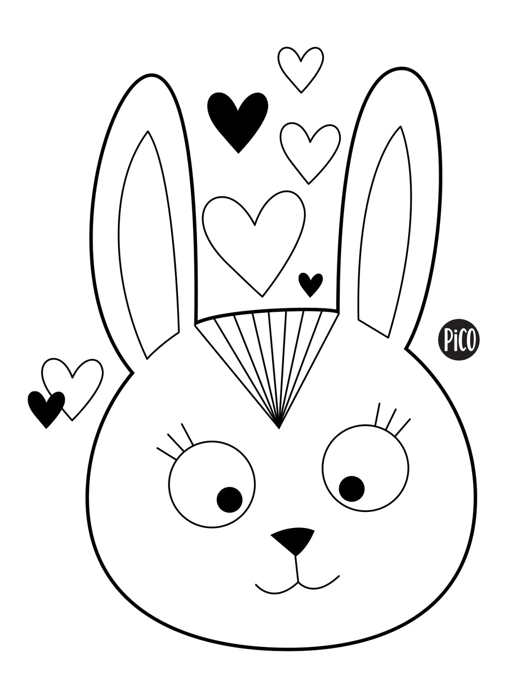Coloriage gratuit à imprimer d'un visage de lapin de Pâques décoré de formes géométriques et de cœurs, activité créative pour enfants de tout âge. / Free printable coloring page of an Easter bunny face decorated with geometric shapes and hearts, a creative activity for children of all ages.