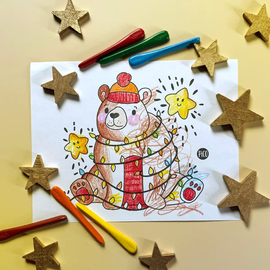 Coloriage gratuit de l'ours et ses lumières de Noël