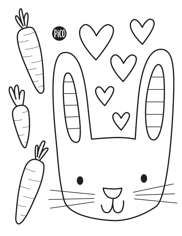 Coloriage gratuit d'un lapin de Pâques tenant une carotte, dessin simple en noir et blanc à imprimer pour enfants. / Free printable Easter bunny coloring page holding a carrot, simple black and white drawing for kids of all ages.