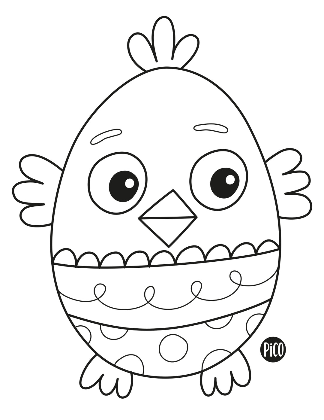 Coloriage gratuit d'un poussin souriant sortant d'un œuf de Pâques, dessin simple en noir et blanc à imprimer pour enfants. / Free printable coloring page of a smiling baby chick hatching from an Easter egg, simple black and white drawing for kids of all ages.