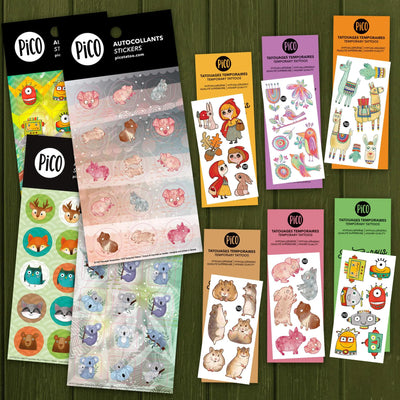 lot promotionnel de 6 tatouages thématique animal ainsi que 4 autocollants produit au québec par pico tatouages temporaires / promotional lot of 6 animal themed tattoos as well as 4 stickers produced in Quebec by pico temporary tattoos