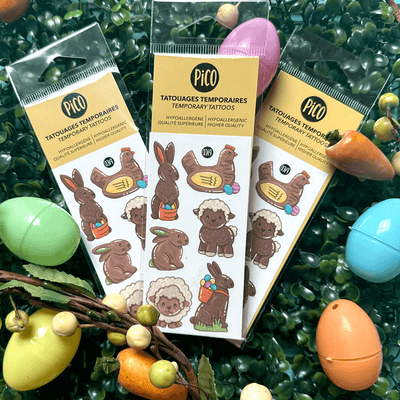 Tatouages temporaires des lapins et animaux en chocolat par PiCO Tatouages temporaires fait au Québec / Temporary tattoos of chocolate bunnies and animals  by PiCO Tatoo. Made in Quebec.