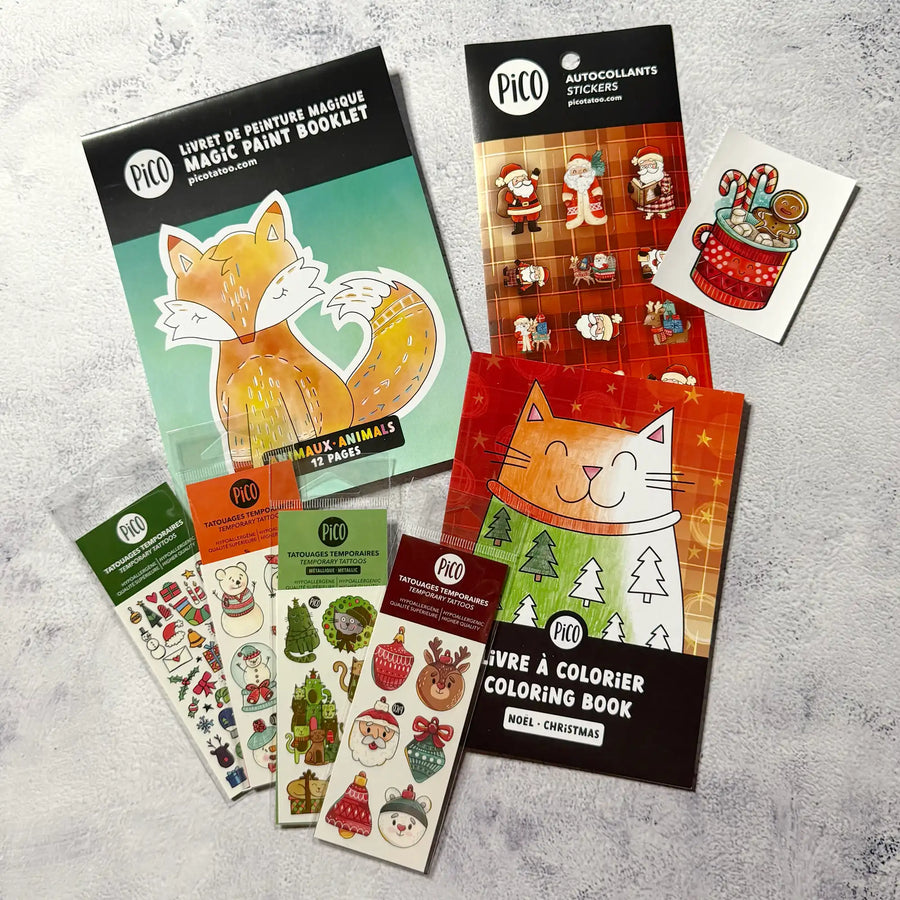 FR : Lot boîte magique de Noël pour enfants, tatouages temporaires de Noël, livre à colorier, livret de peinture magique et autocollants des fêtes

EN : Christmas magic box bundle for kids, Christmas temporary tattoos, coloring book, magic paint booklet and holiday stickers