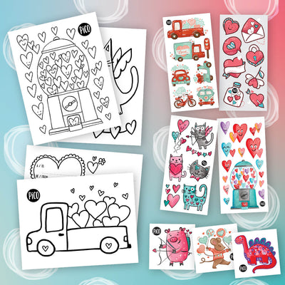 Emballage surprise au thème des amoureux idéal pour la st-valentin comprenant des tatouages temporaires et des coloriages thématiques fait par PICO tatoo