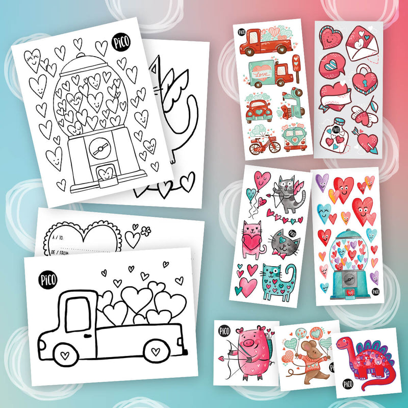 Emballage surprise au thème des amoureux idéal pour la st-valentin comprenant des tatouages temporaires et des coloriages thématiques fait par PICO tatoo