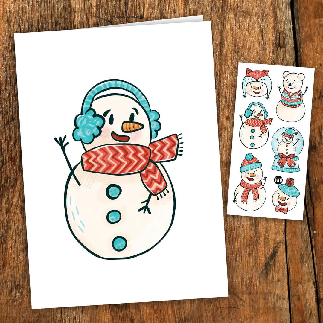 Carte de souhaits PiCO Tatoo pour Noël comprenant des tatouages temporaires de bonhomme de neige