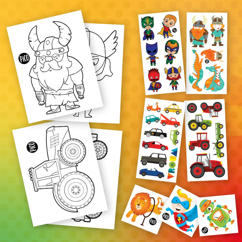 Ensemble de tatouages temporaires, vikings, super-héros, voitures et coloriages faits à Québec par PiCO Tatoo.