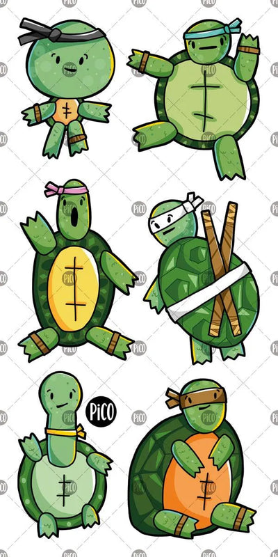 Tatouages temporaires des tortues qui jouent aux ninjas par PiCO Tatouages temporaires. Dessins créés au Québec.