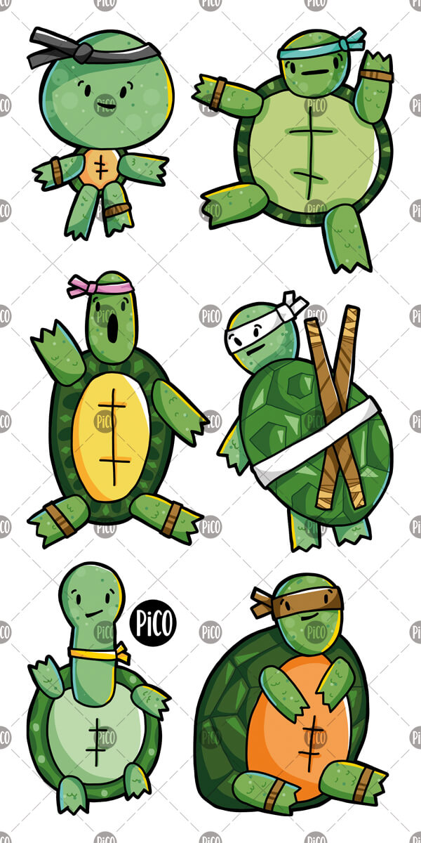 Tatouages temporaires des tortues qui jouent aux ninjas par PiCO Tatouages temporaires. Dessins créés au Québec.