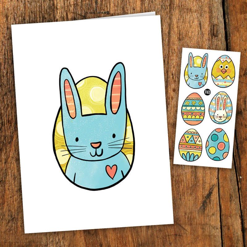 Carte de souhaits, Le lapins de Pâques, de la compagnie  PiCO Tatoo, conçue et imprimée au Québec.