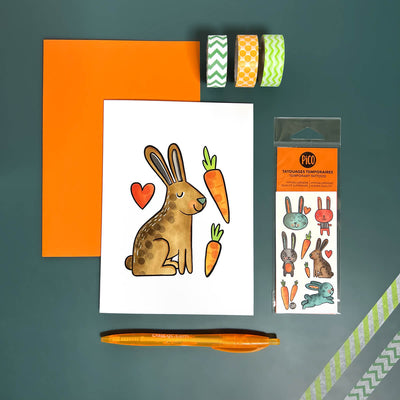 carte de souhait pour anniversaire d'enfant comprenant un tatouages temporaire avec des lapins mignon pour paques imprimé au Québec par PICO