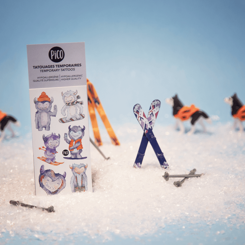 Tatouages temporaires pour enfant de yéti en ski , faits au Québec par PICO Tatoo